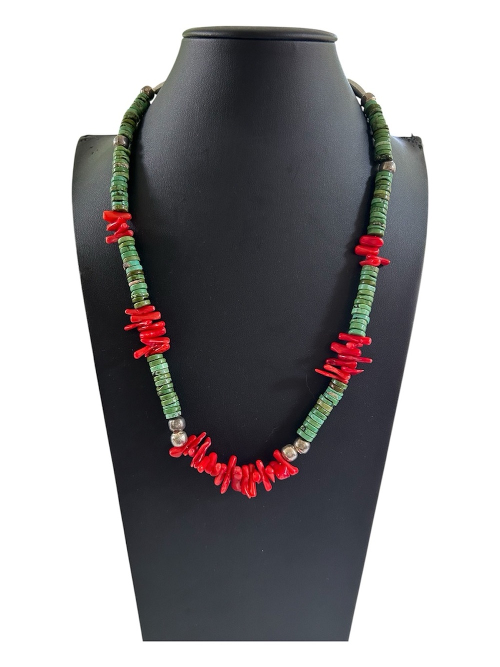 Vintage Southwestern Style Turquoise & Red Coral Beaded Necklace - 23"
